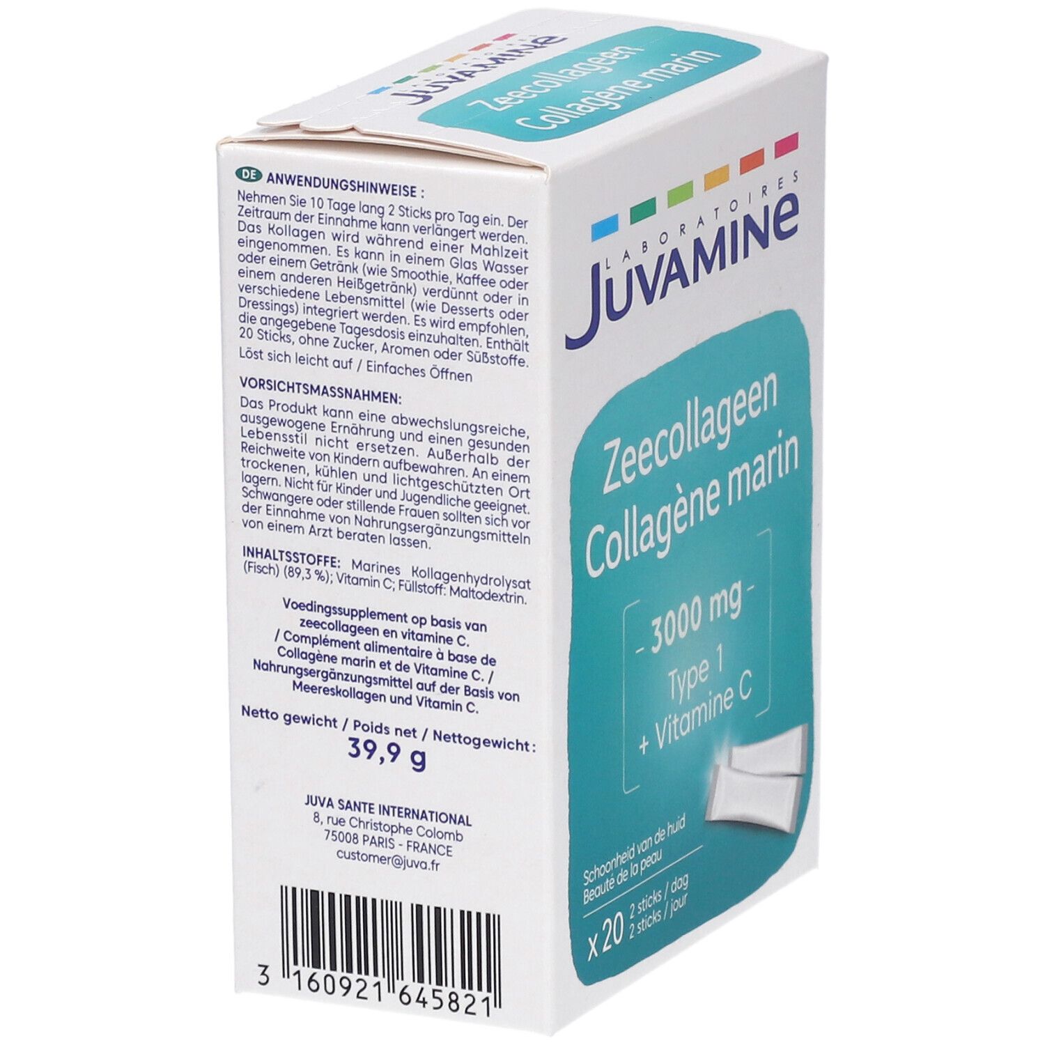 Dos de la boîte Juvamine Collagène marin. Texte multilingue. Contient 20 sticks. Poids : 39,9 g.