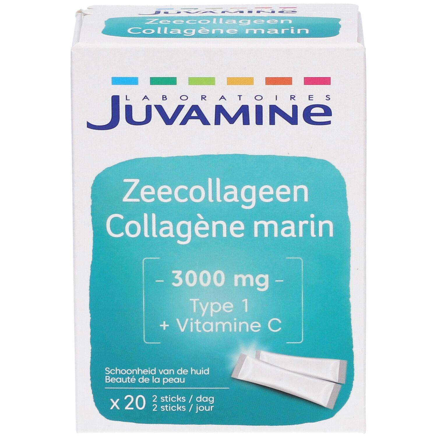 Boîte de Juvamine Collagène marin. Contient 20 sticks. Inscription : 3000 mg, Type 1 + Vitamine C. Fond turquoise.