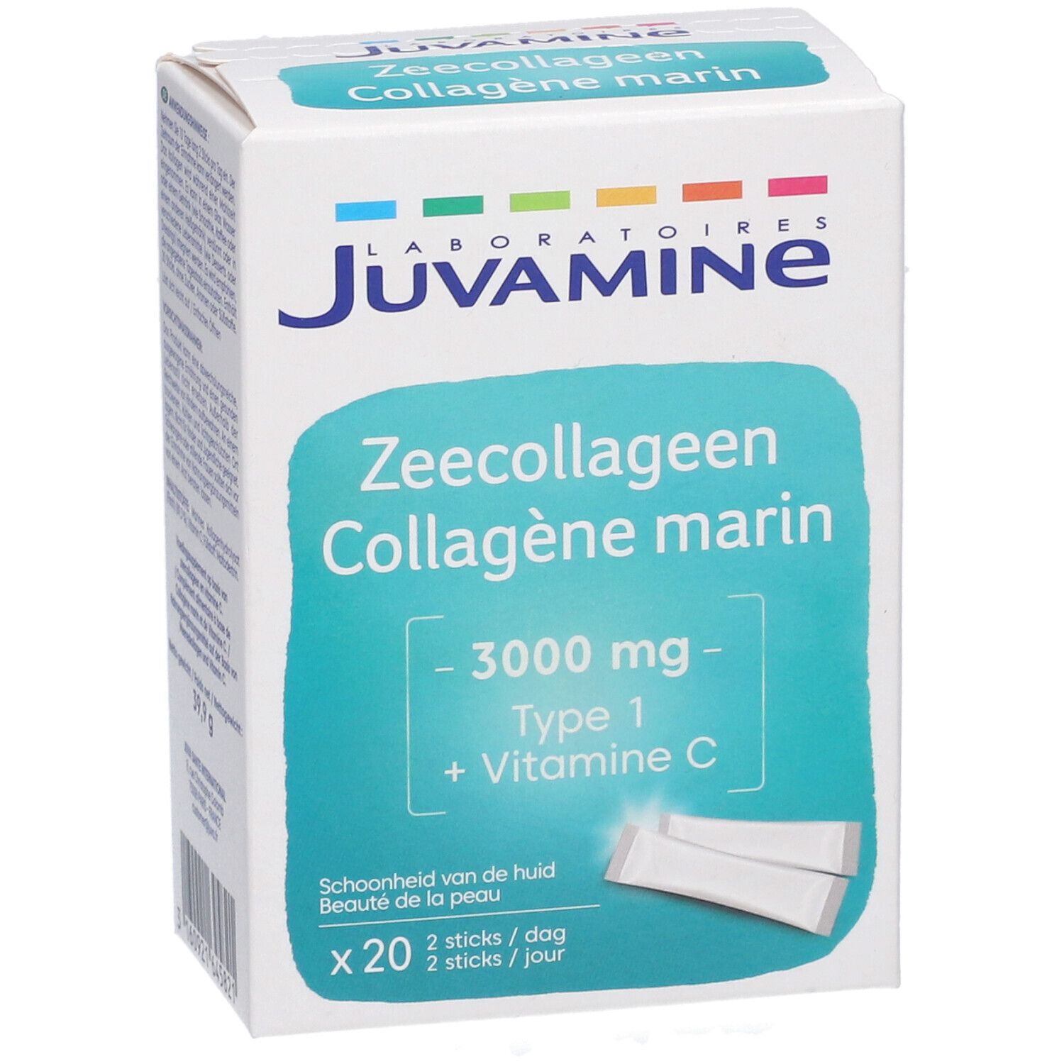 Boîte de Juvamine Collagène marin. Contient 20 sticks. Inscription : 3000 mg, Type 1 + Vitamine C. Fond turquoise.
