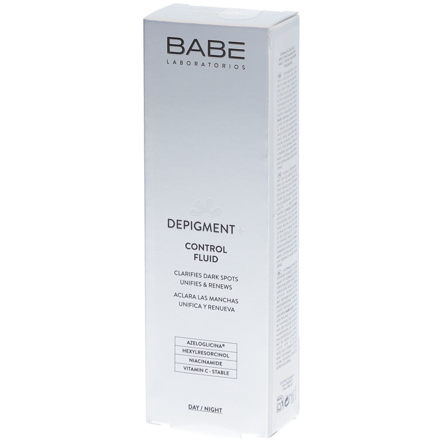 Emballage blanc. Marque BABÉ. Depigment+ Control Fluid. Ingrédients : Acide azélaïque, Hexylrésorcinol, Niacinamide, Vitamine C.