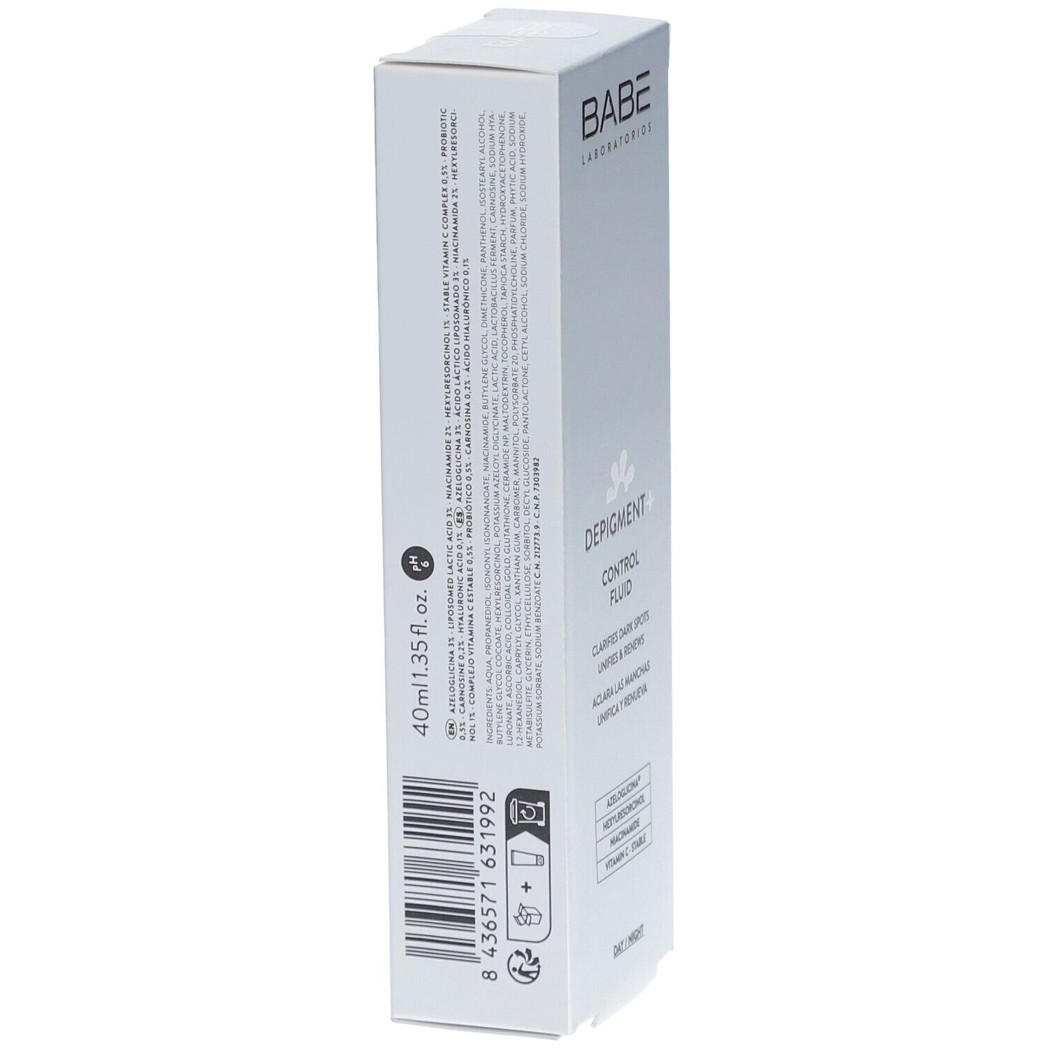Emballage blanc. Marque BABÉ. Depigment+ Control Fluid. Dos avec texte et code-barres. 40ml.