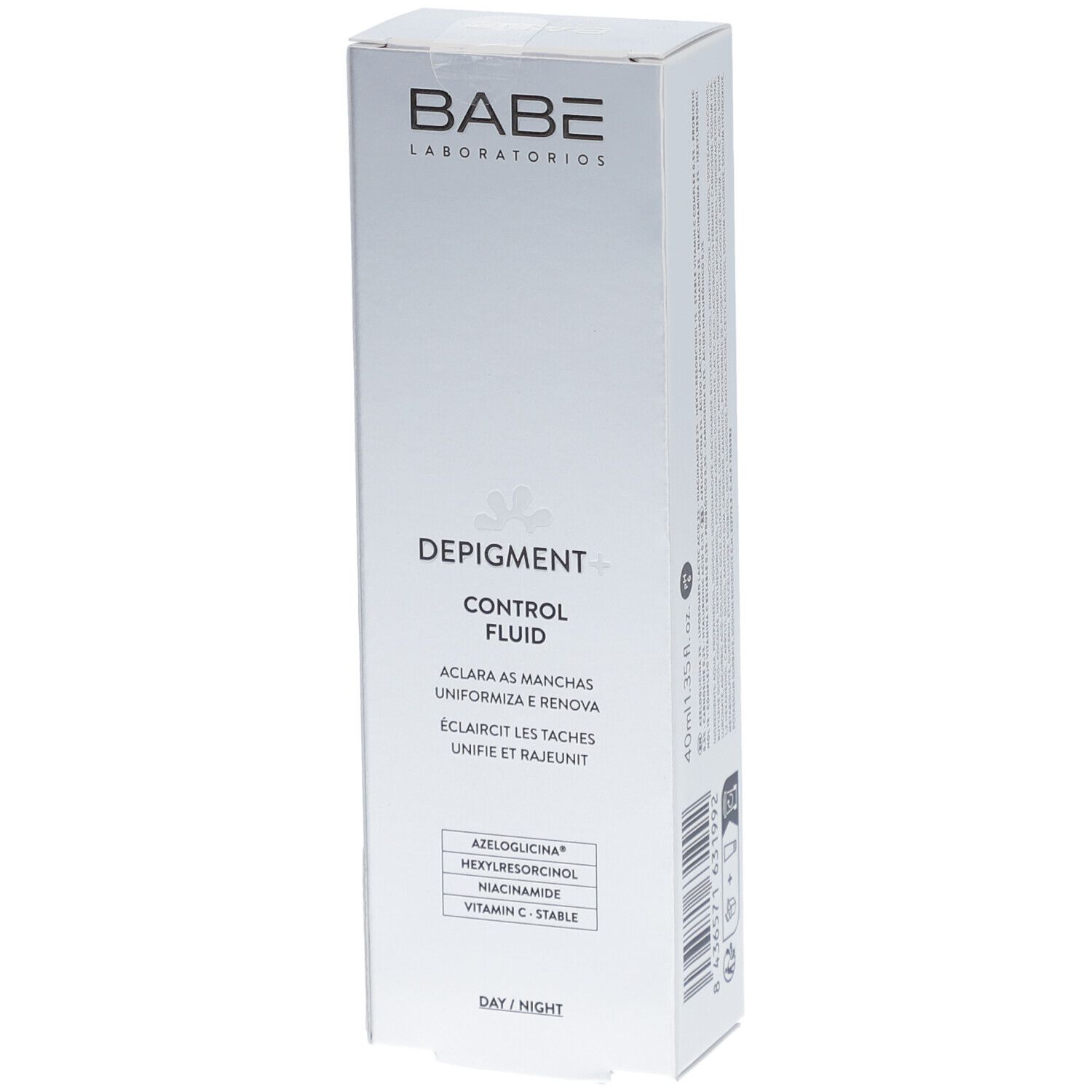 Emballage blanc. Marque BABÉ. Depigment+ Control Fluid. Face avant avec texte. Jour/Nuit.