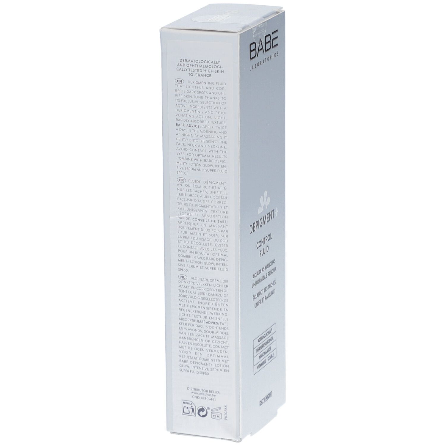 Emballage blanc. Marque BABÉ. Depigment+ Control Fluid. Dos avec texte. Jour/Nuit.