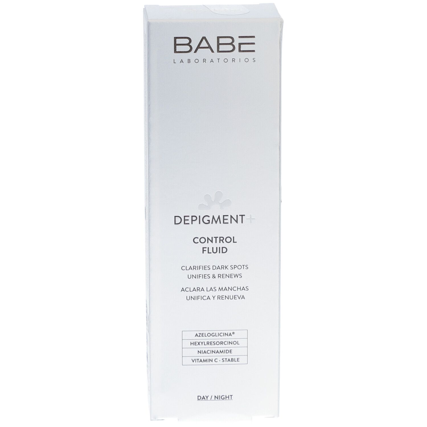 Emballage blanc. Marque BABÉ. Depigment+ Control Fluid. Face avant avec texte. Jour/Nuit.