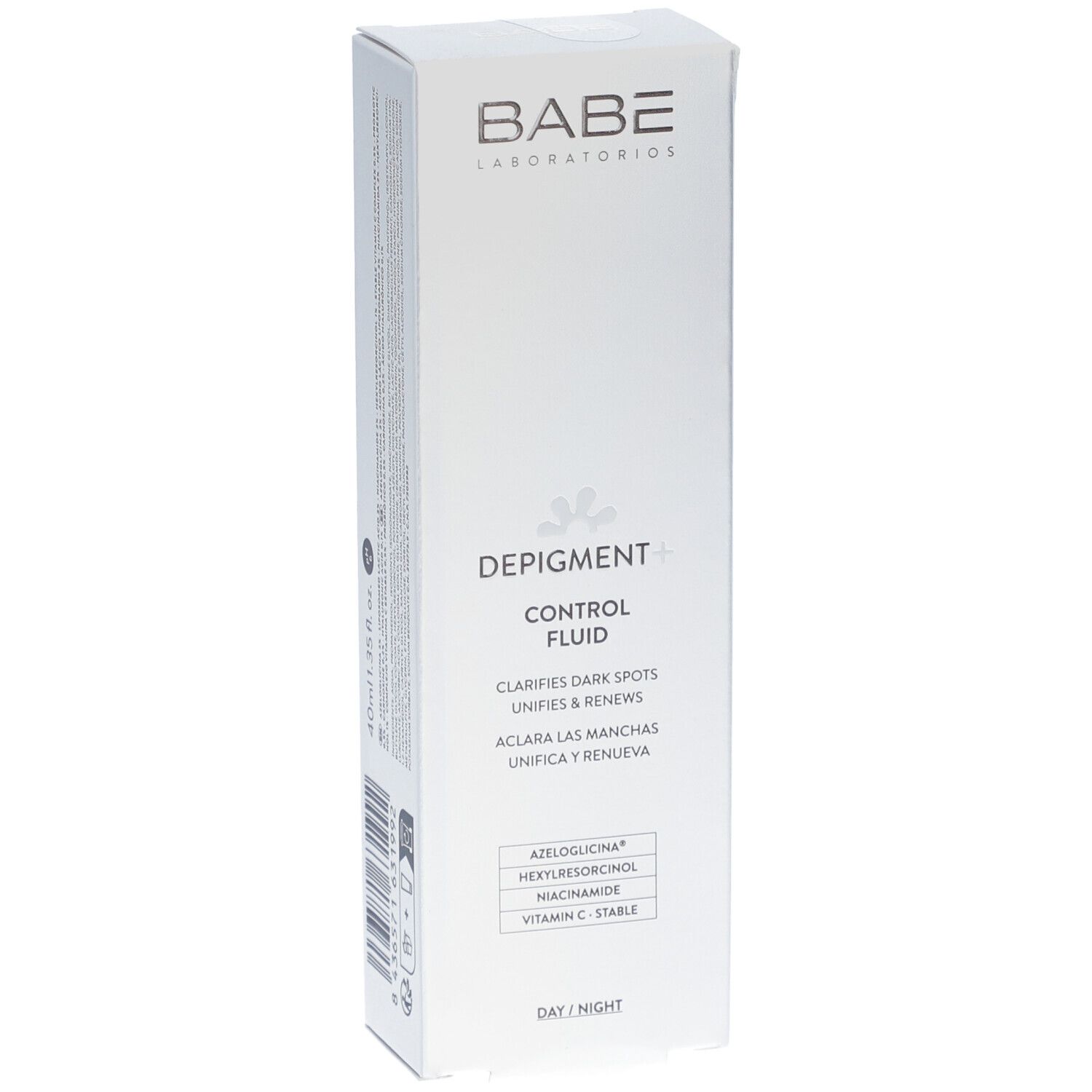 Emballage blanc. Marque BABÉ. Depigment+ Control Fluid. Face avant avec texte. Jour/Nuit.