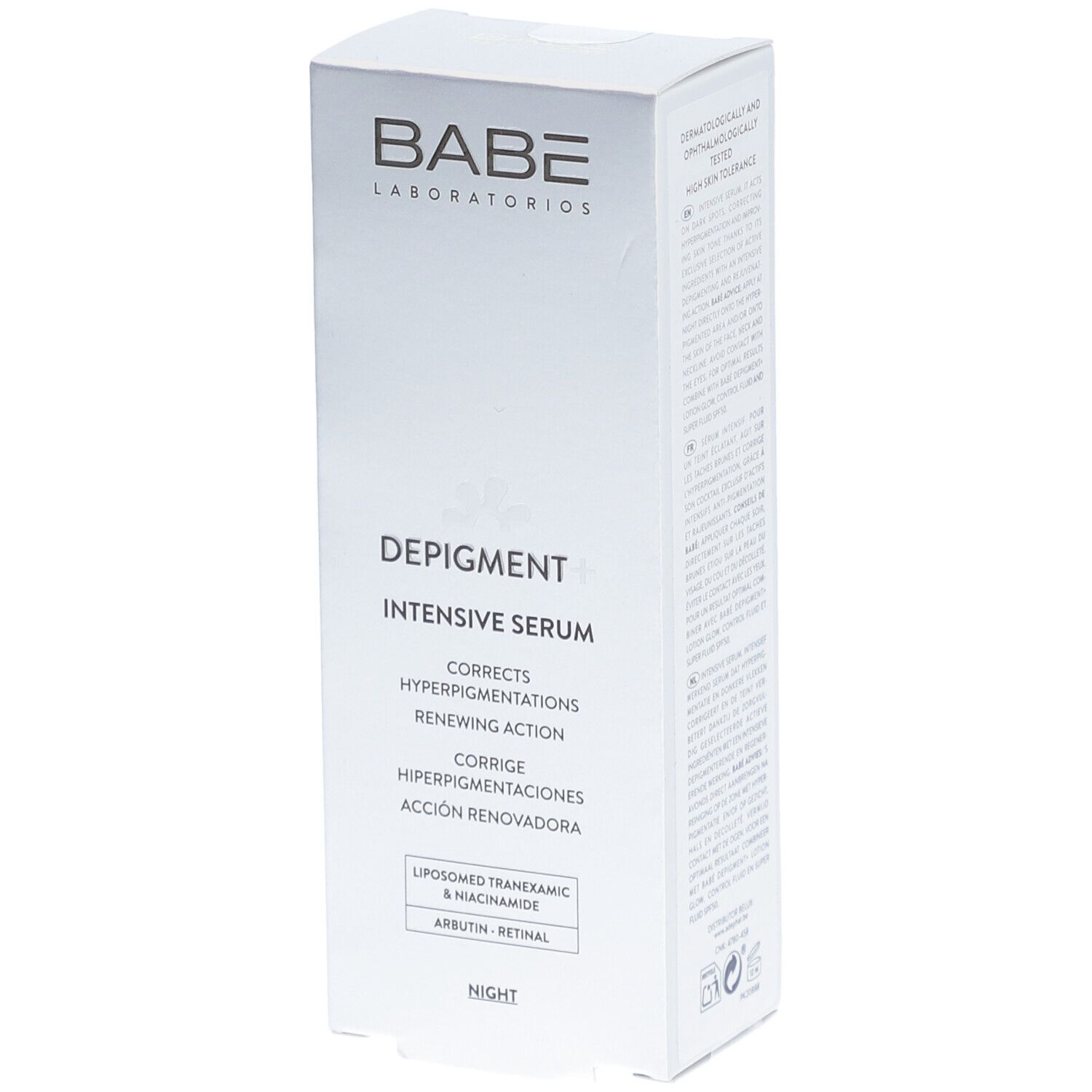 Emballage blanc avec logo BABÉ et inscription Depigment+ Intensive Serum. Corrige l'hyperpigmentation. Nuit.