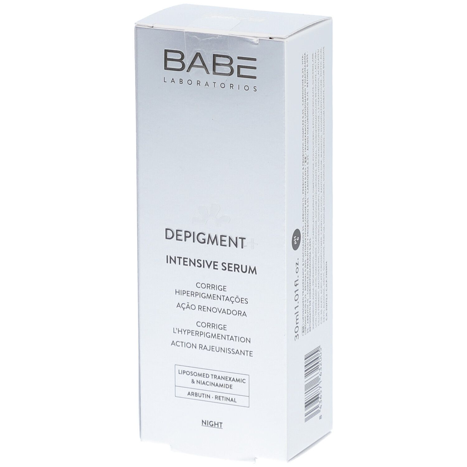 Emballage blanc avec logo BABÉ et inscription Depigment+ Intensive Serum. Corrige l'hyperpigmentation. Nuit.