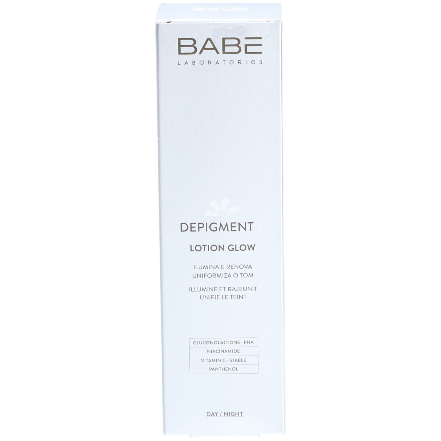 Emballage blanc avec logo BABÉ et nom du produit. Texte: Depigment Lotion Glow. Contient PHA, niacinamide, vitamine C stable et panthénol.