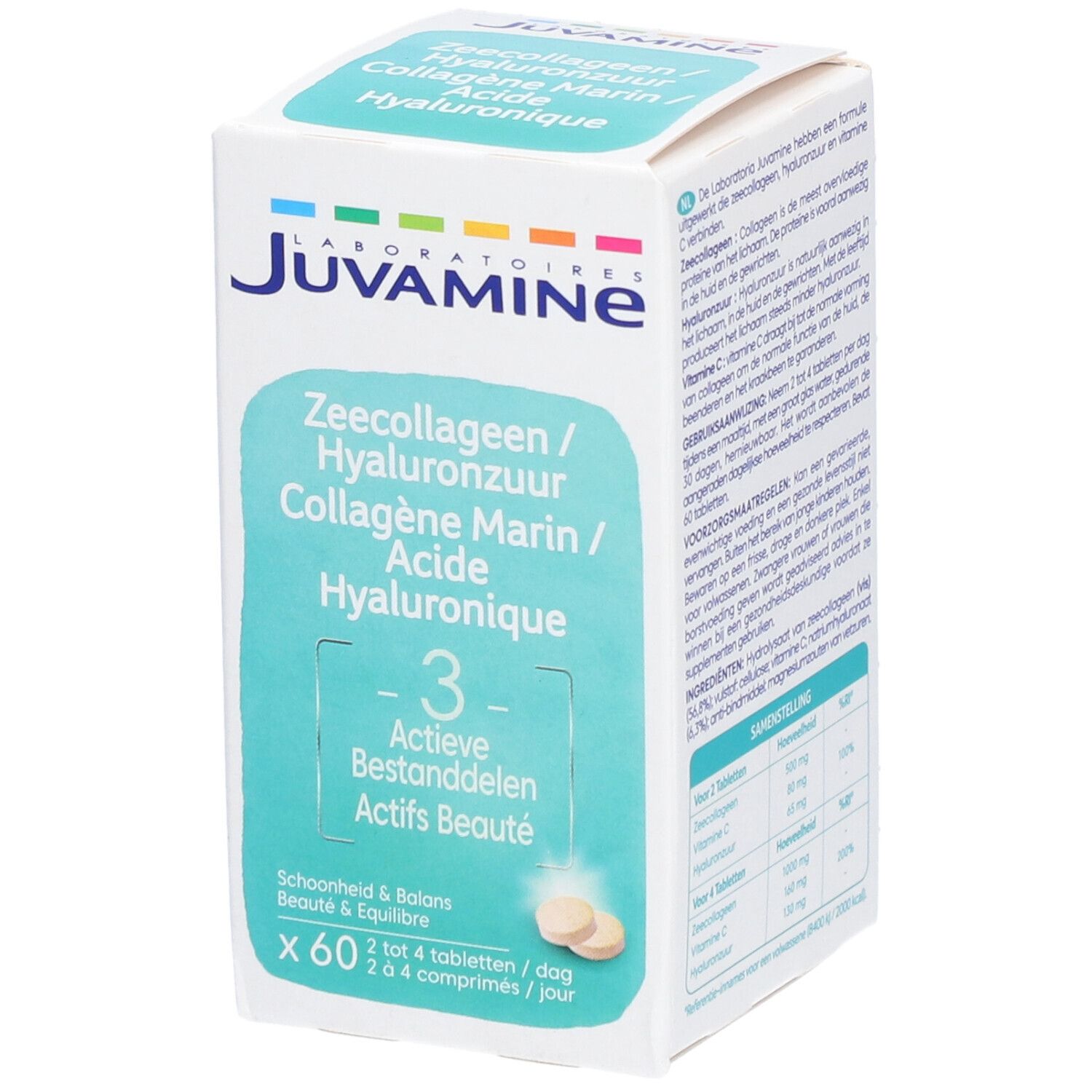 Weißer Karton mit Produktinformationen. Aufschrift: Juvamine, Zeecollageen/Hyaluronzuur/Collagène Marin/Acide Hyaluronique.