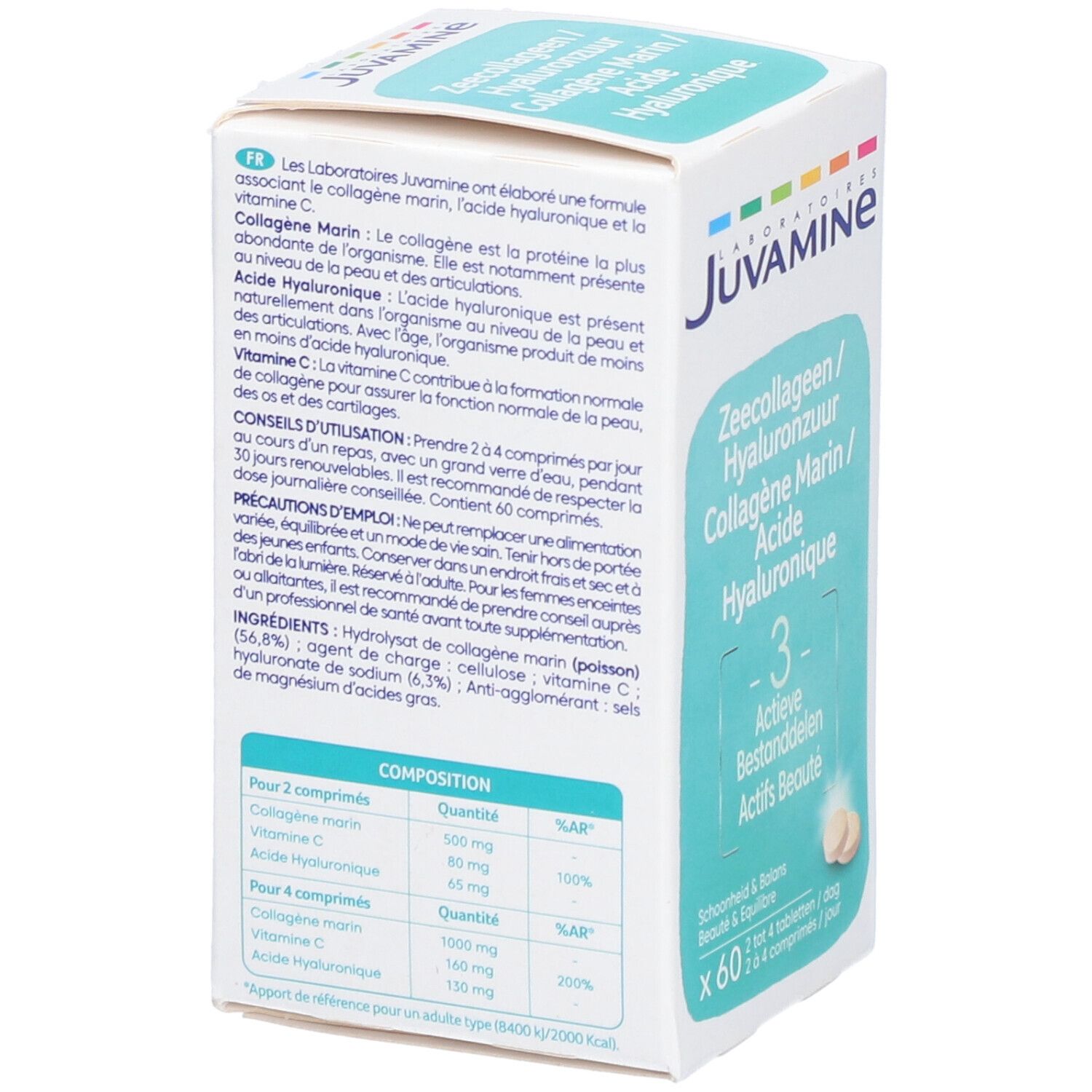 Rückseite der weißen Produktverpackung. Text mit Inhaltsstoffen und Anwendungshinweisen. Marke: Juvamine.