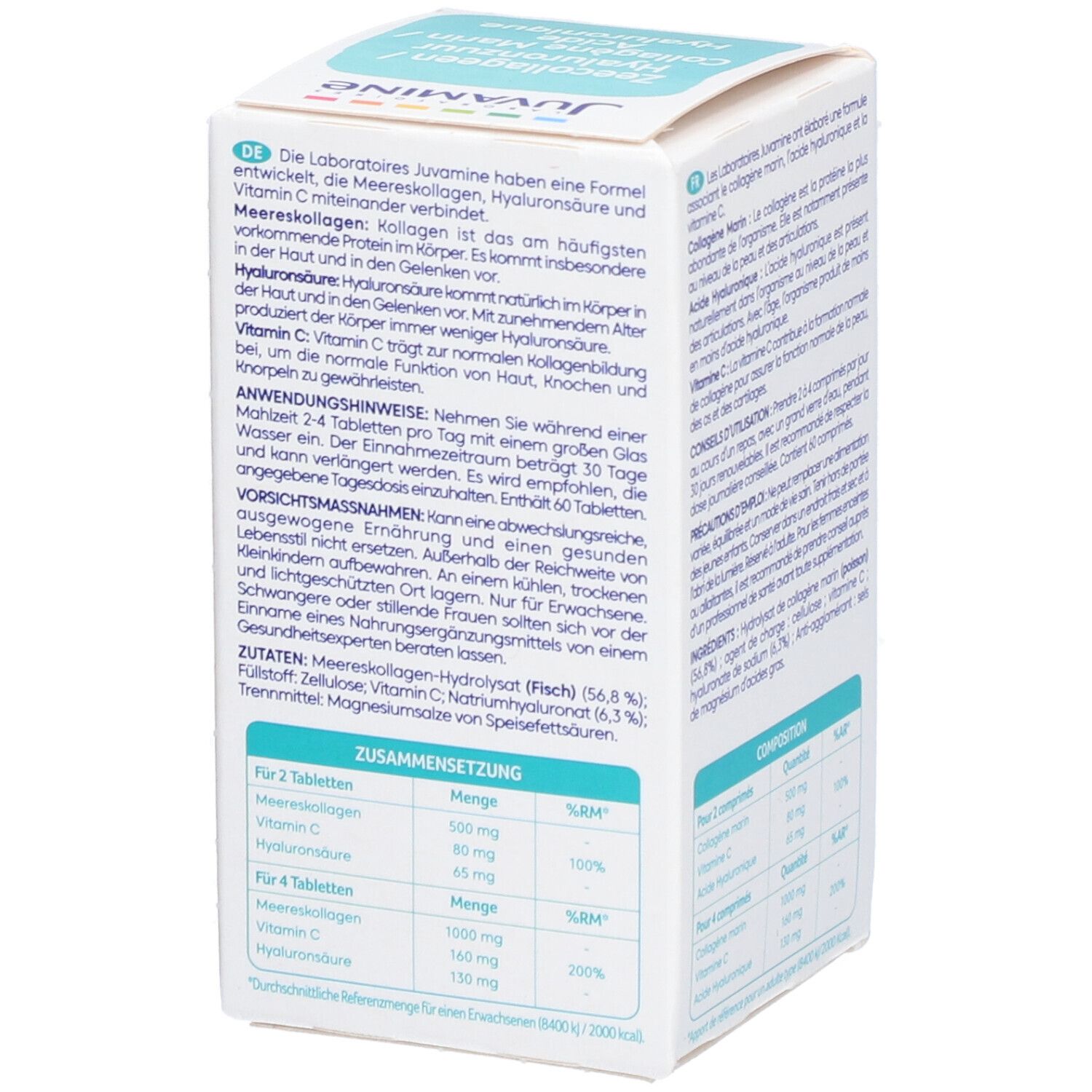 Rückseite der weißen Produktverpackung. Text mit Inhaltsstoffen und Anwendungshinweisen. Marke: Juvamine.
