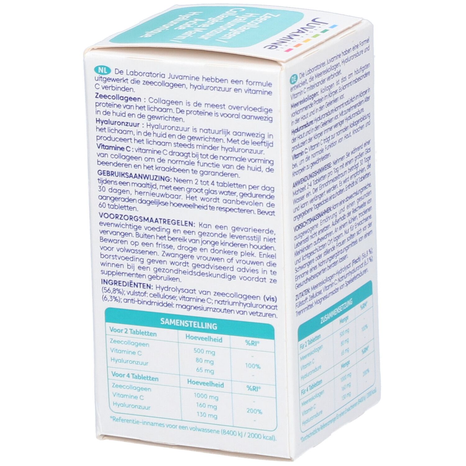 Rückseite der weißen Produktverpackung. Text mit Inhaltsstoffen und Anwendungshinweisen. Marke: Juvamine.