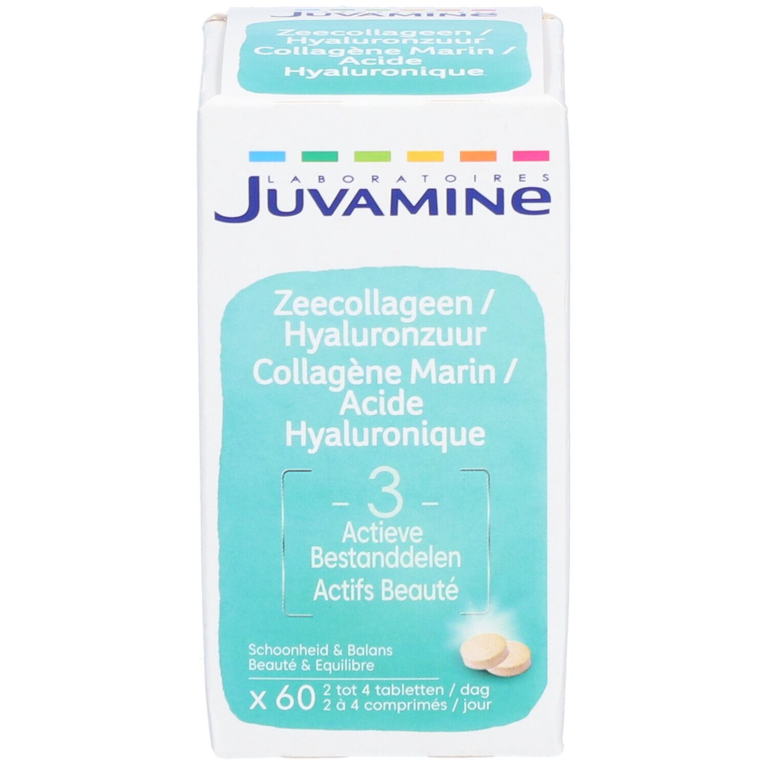 Weiße Produktverpackung mit blauer Markierung. Aufschrift: Juvamine, Zeecollageen/Hyaluronzuur/Collagène Marin/Acide Hyaluronique.