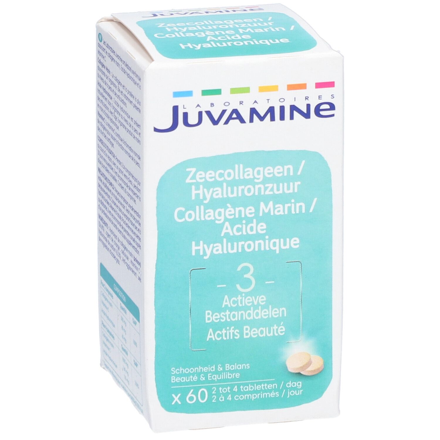 Weiße Produktverpackung mit blauer Markierung. Aufschrift: Juvamine, Zeecollageen/Hyaluronzuur/Collagène Marin/Acide Hyaluronique.