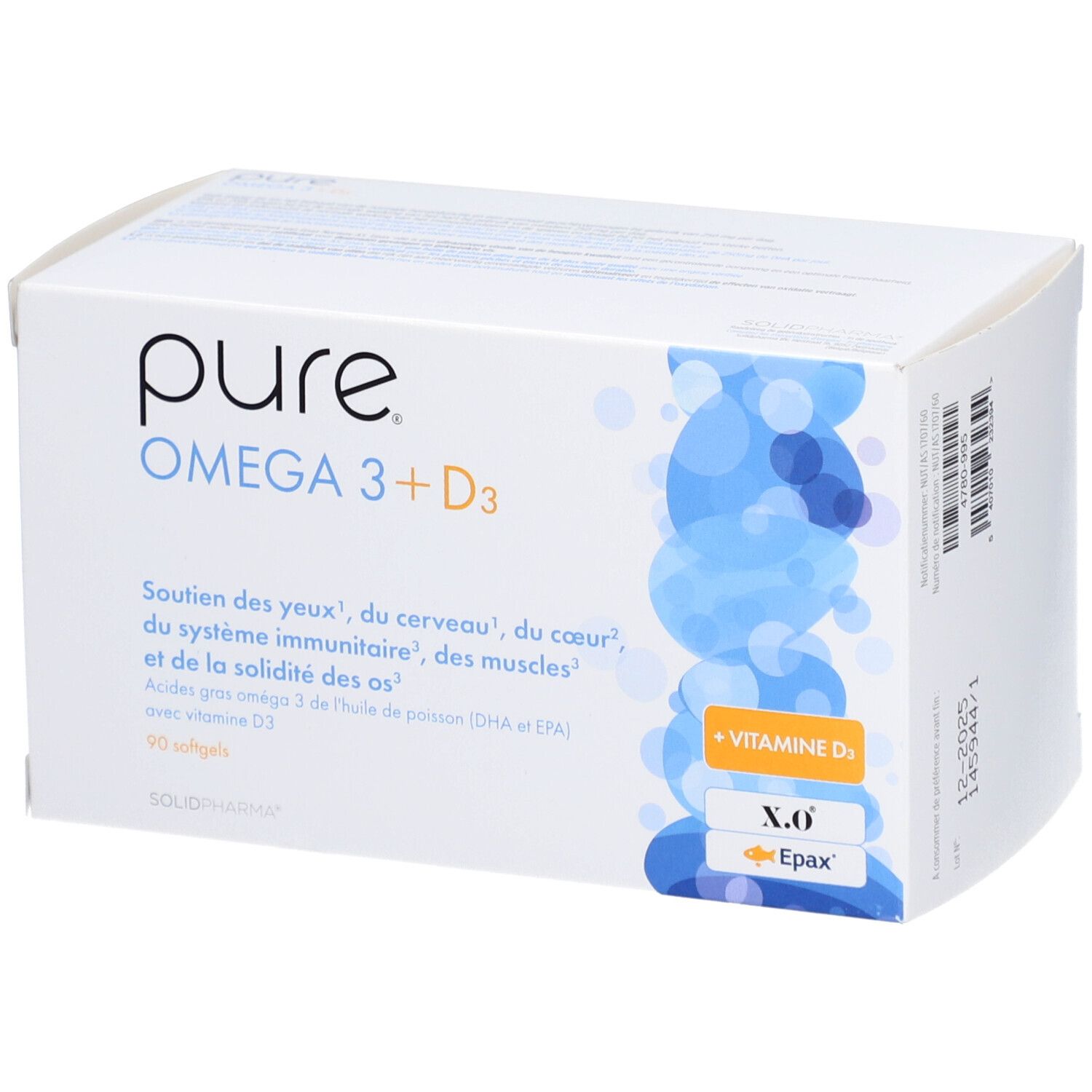 Weiße Schachtel mit Aufschrift 'pure OMEGA 3 + D3'. Blaue und gelbe Akzente. 90 Softgels.