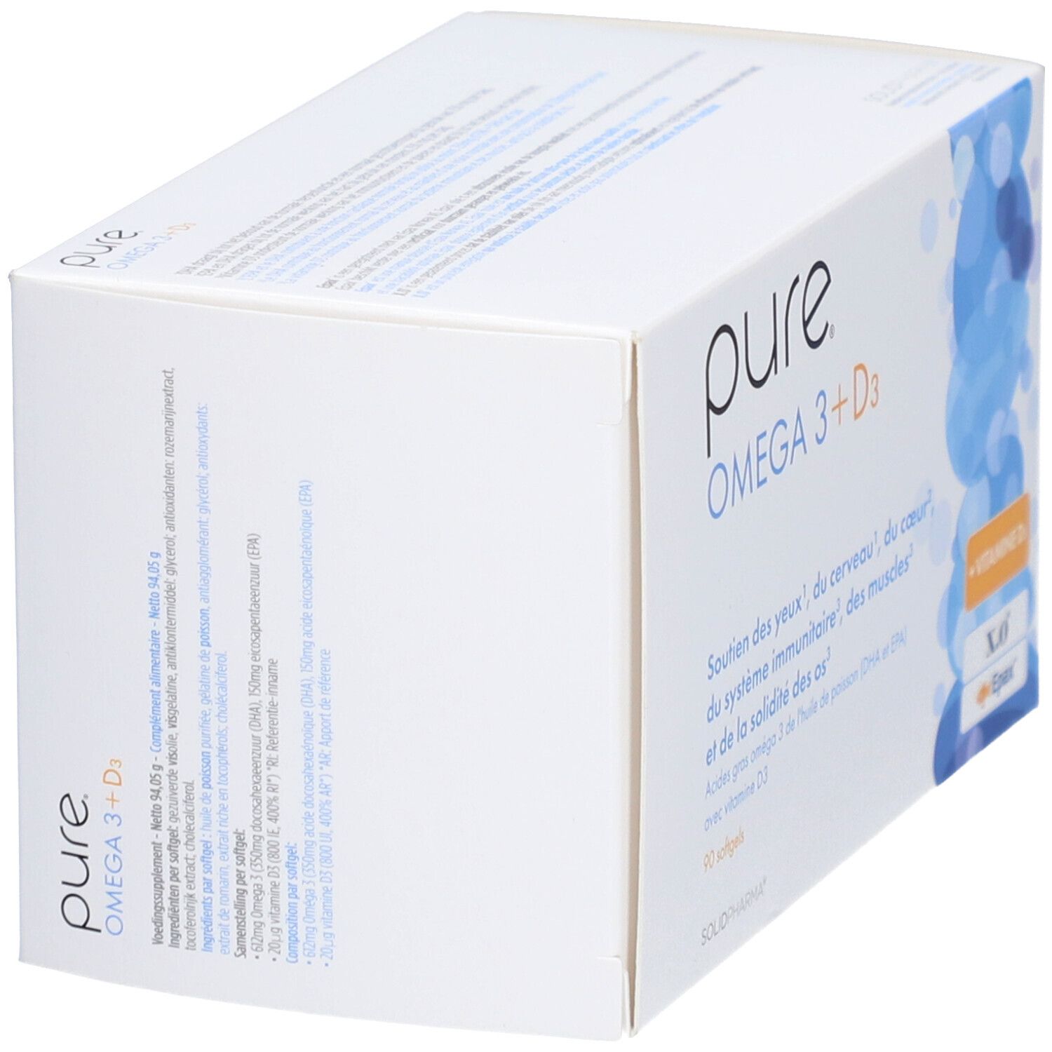Weiße Schachtel mit 'pure OMEGA 3 + D3'. Text auf der Seite. Blaue und gelbe Akzente.