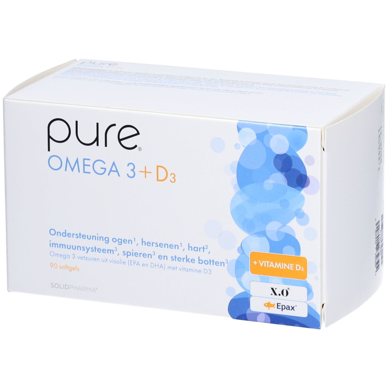Weiße Schachtel mit 'pure OMEGA 3 + D3'. Blaue und gelbe Akzente. 90 Softgels.