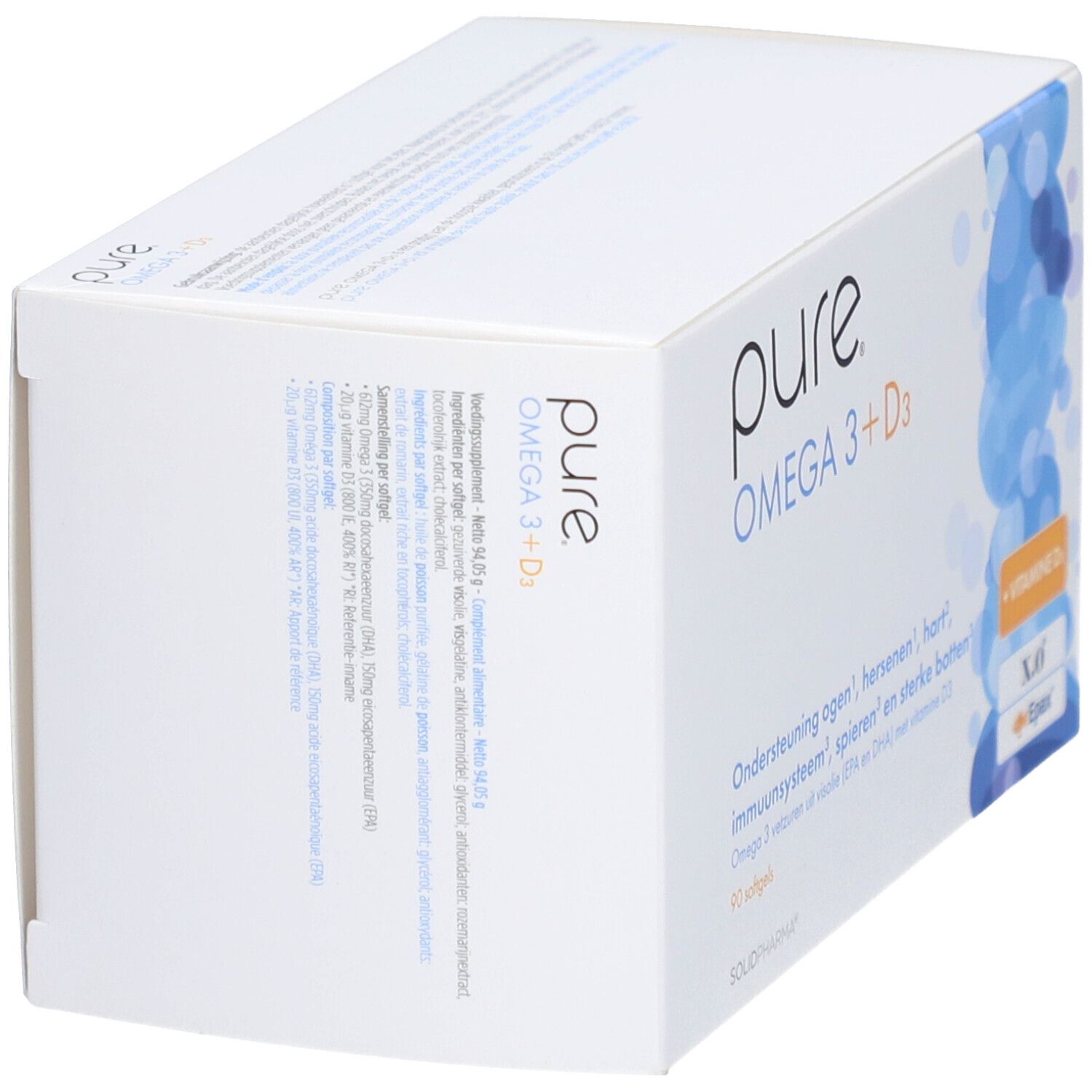 Weiße Schachtel mit 'pure OMEGA 3 + D3'. Text auf der Seite. Blaue und gelbe Akzente.
