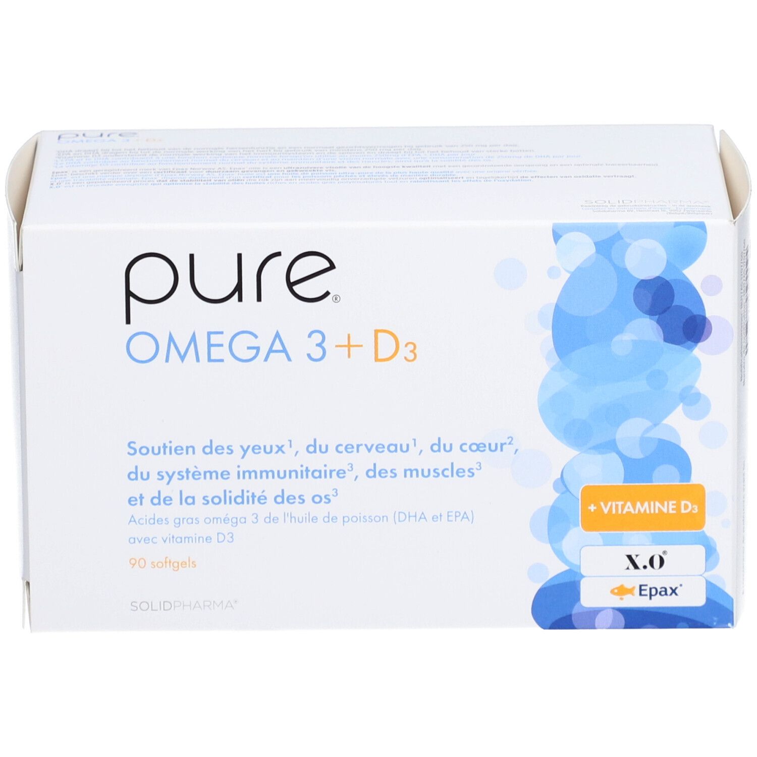 Weiße Schachtel mit 'pure OMEGA 3 + D3'. Blaue und gelbe Akzente. 90 Softgels.