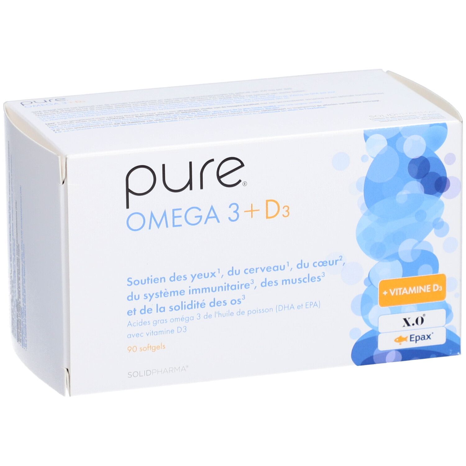 Weiße Schachtel mit 'pure OMEGA 3 + D3'. Blaue und gelbe Akzente. 90 Softgels.