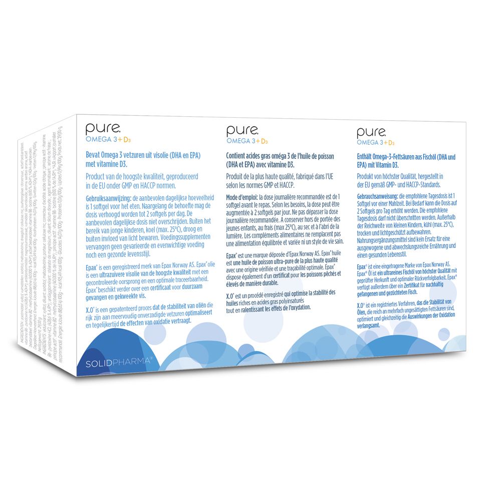 Achterkant van de verpakking met tekst. Tekst: pure OMEGA 3 + D3. Productinfo in 3 talen.