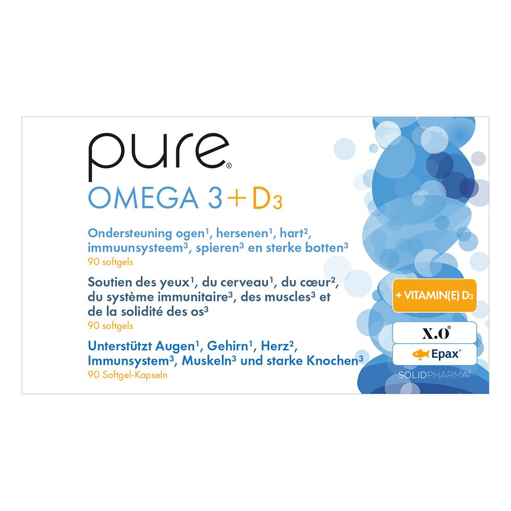 Witte doos met productopdruk. pure OMEGA 3 + D3. 90 softgels. Blauwe golven.