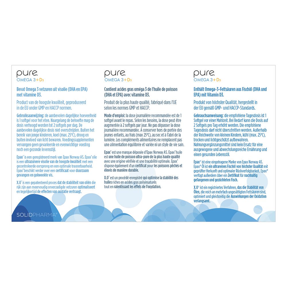 Achterkant van de verpakking met tekst. Tekst: pure OMEGA 3 + D3. Productinfo in 3 talen.