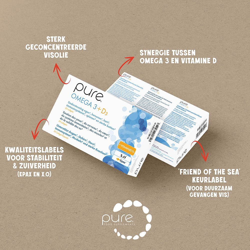 Productverpakking met tekst en pijlen. Tekst: pure OMEGA 3 + D3. Kwaliteitslabels.