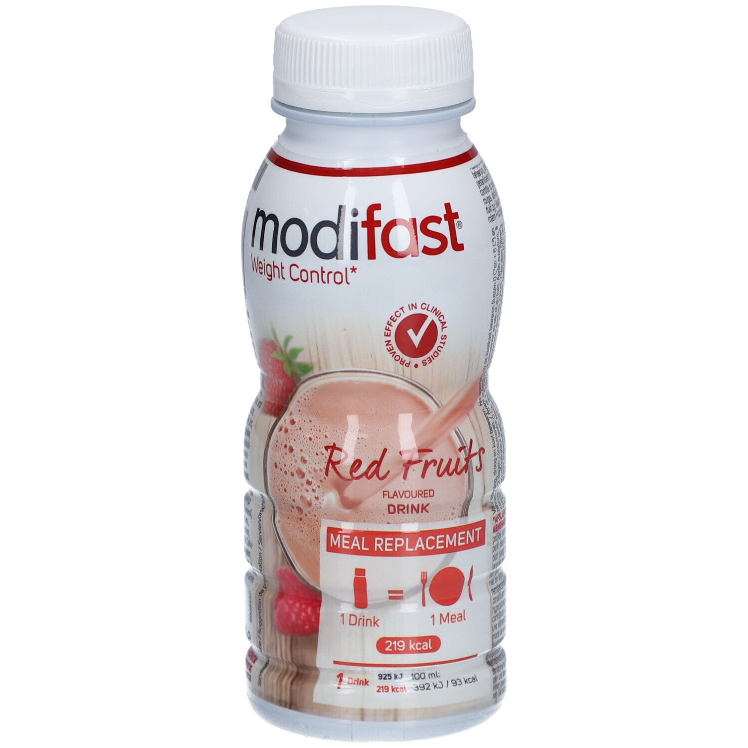 Modifast Boisson-Repas Fruits Rouges. Weiße Flasche mit rotem Etikett. Erdbeere und Himbeere abgebildet. Deckel weiß.