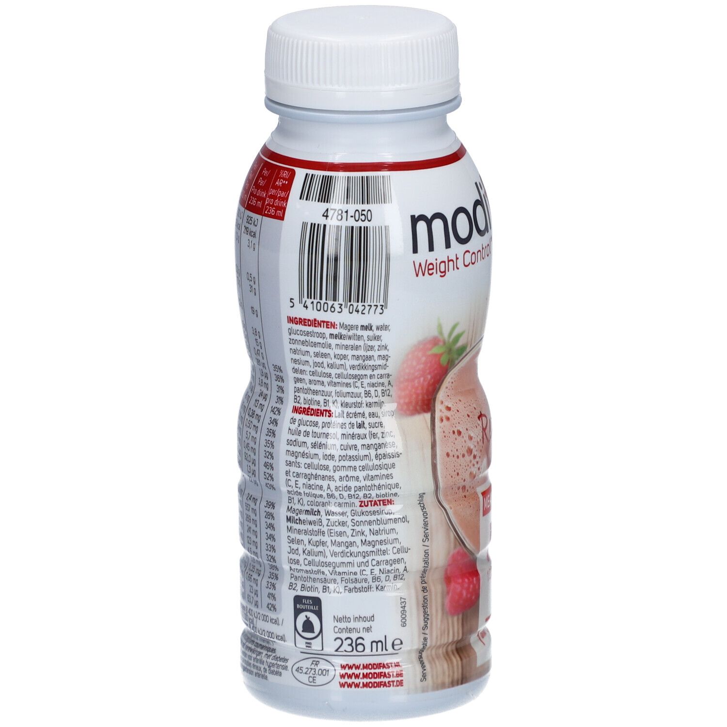 Modifast Boisson-Repas Fruits Rouges. Rückseite der Flasche. Zutatenliste und Nährwertangaben. Weiße Flasche mit rotem Etikett.