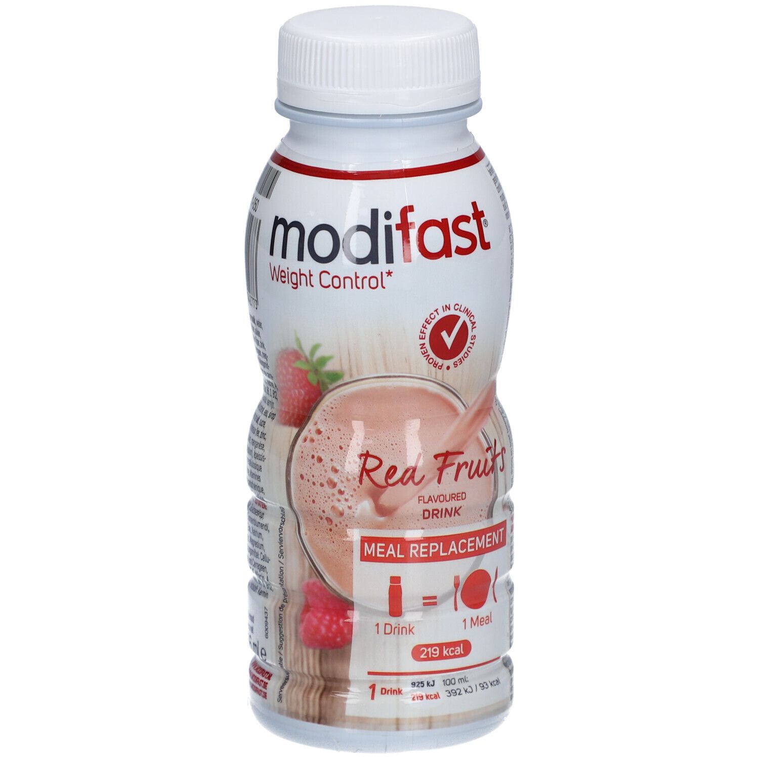 Modifast Boisson-Repas Fruits Rouges. Weiße Flasche mit rotem Etikett. Erdbeere und Himbeere abgebildet. Deckel weiß.
