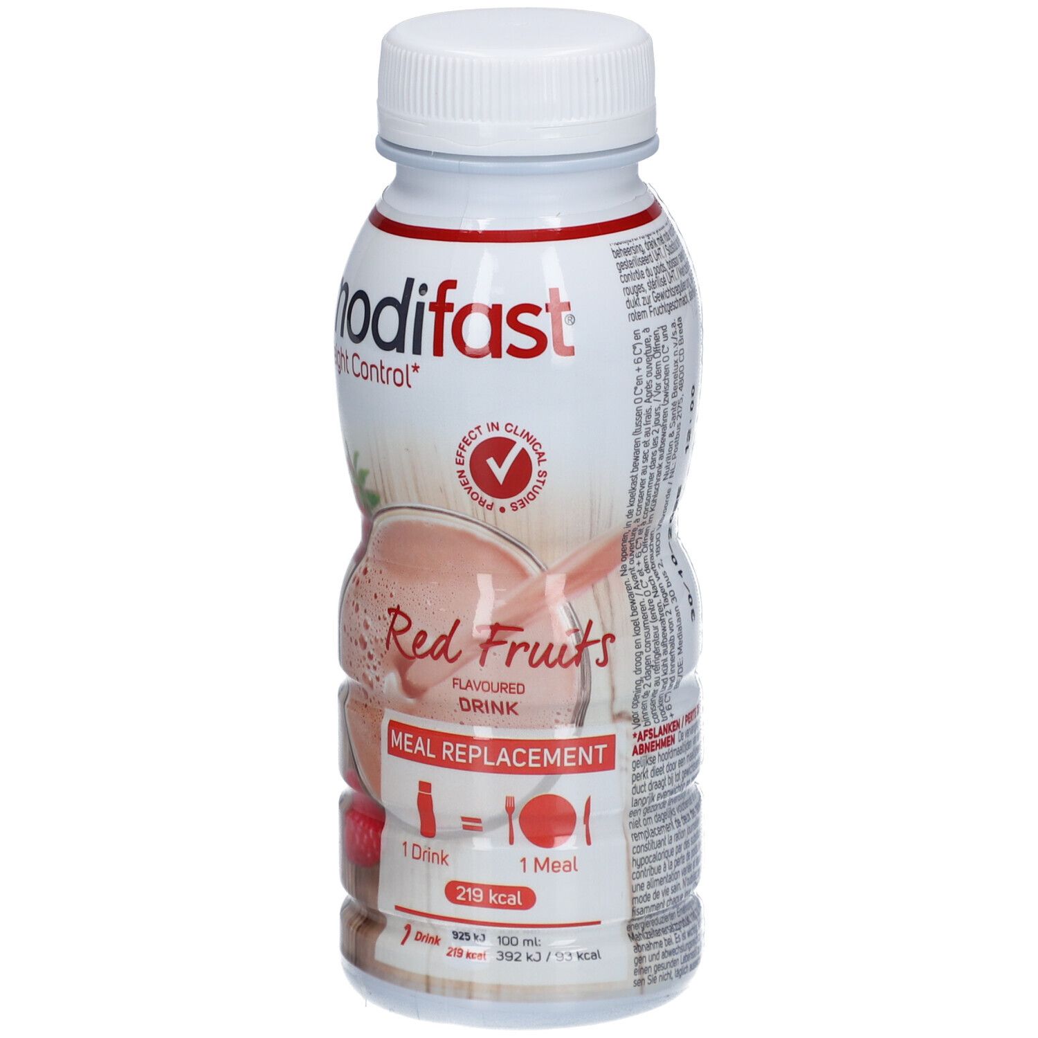 Modifast Boisson-Repas Fruits Rouges. Weiße Flasche mit rotem Etikett. Erdbeere und Himbeere abgebildet. Deckel weiß.