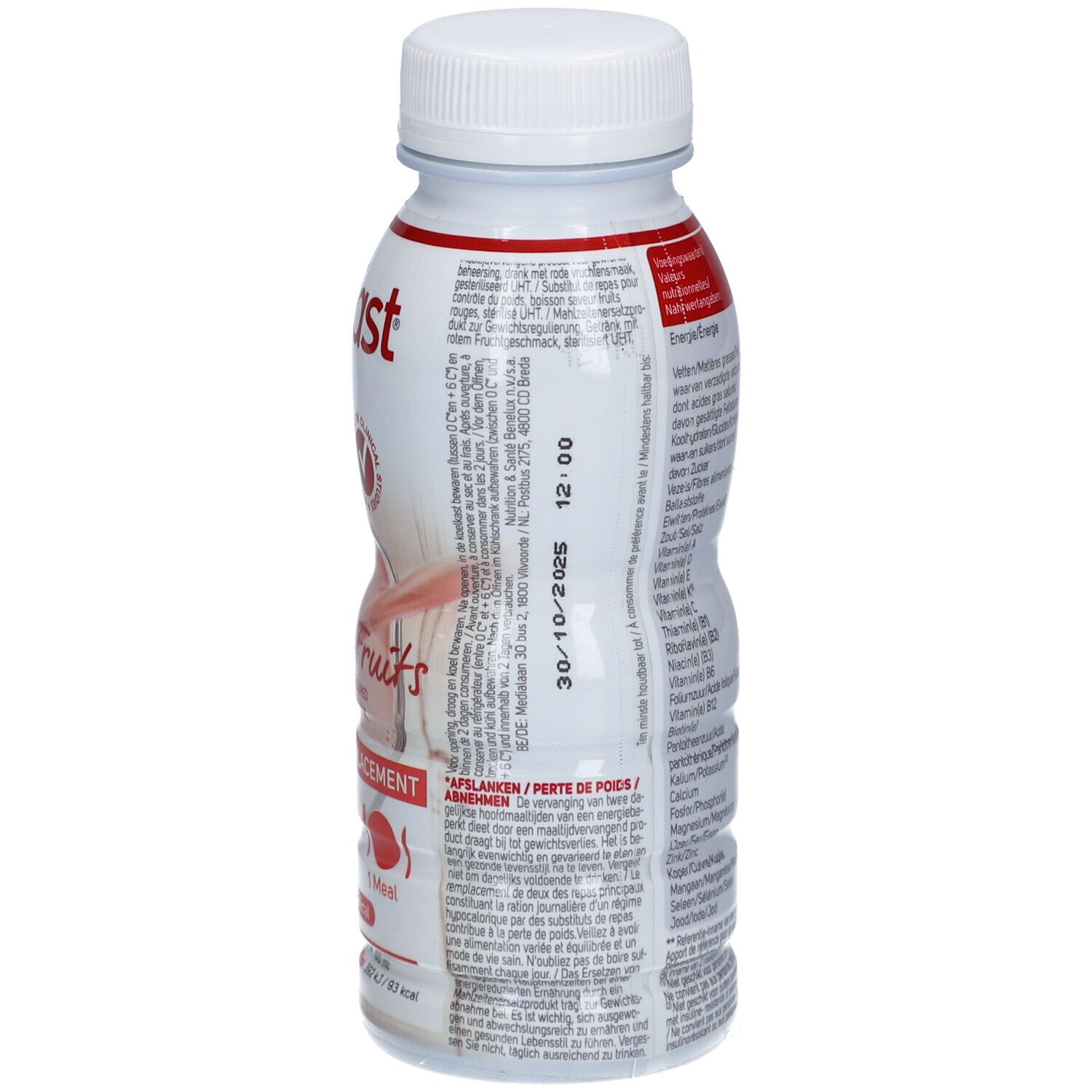 Modifast Boisson-Repas Fruits Rouges. Rückseite der Flasche. Text und Haltbarkeitsdatum. Weiße Flasche mit rotem Etikett.