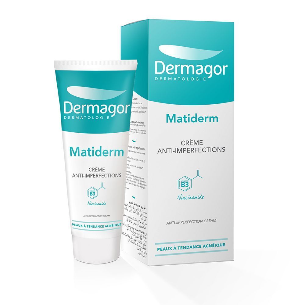 Tube et boîte. Inscription: Dermagor, Matiderm, Crème Anti-Imperfections. Contient de la Niacinamide.