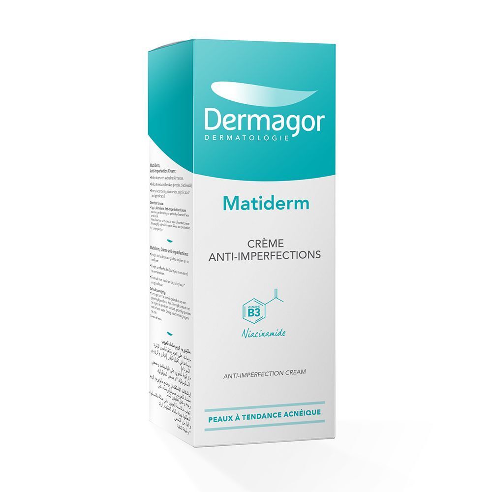 Boîte. Inscription: Dermagor, Matiderm, Crème Anti-Imperfections. Contient de la Niacinamide.