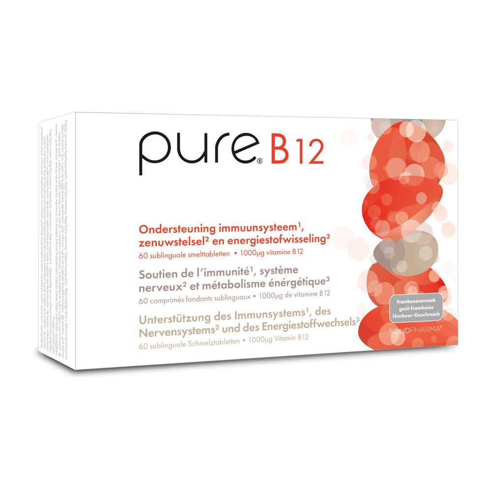 Witte doos met "pure.B12" logo. Tekst in het Duits, Nederlands en Frans. Rode en grijze designelementen.