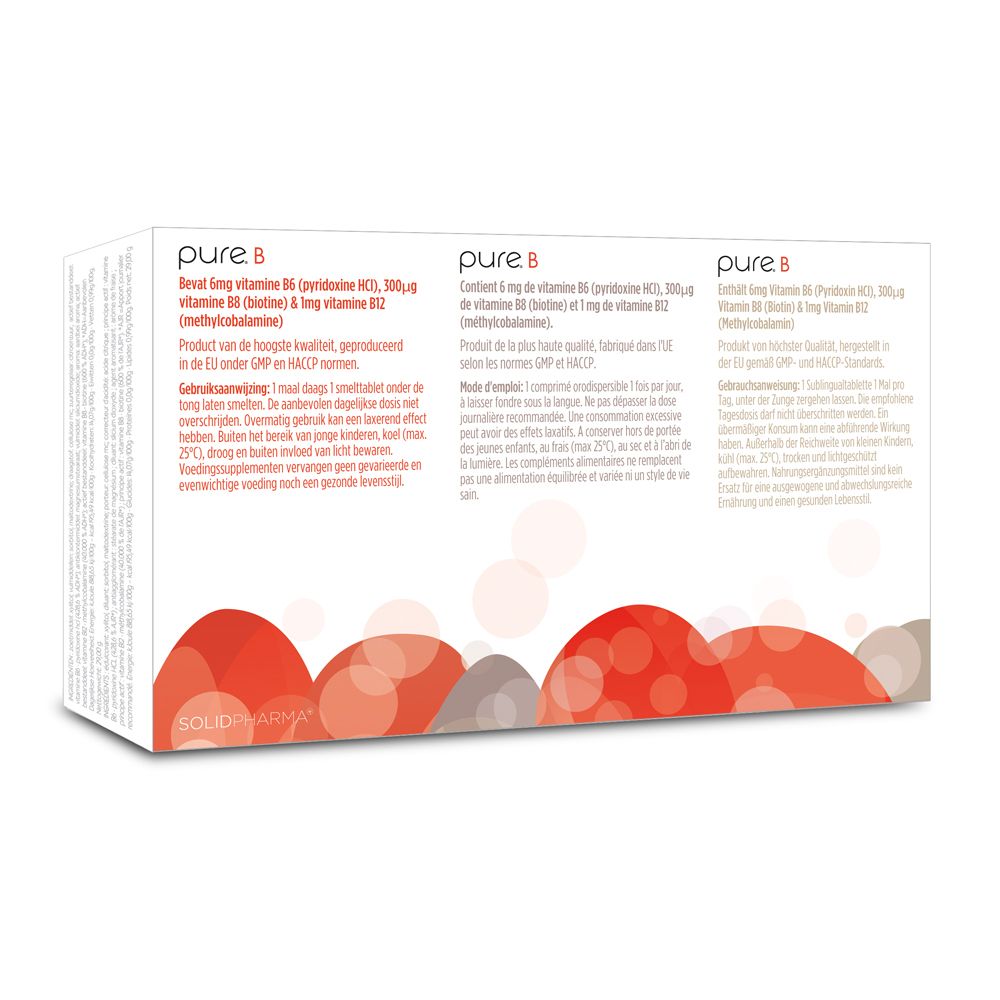 Achterkant van de "pure.B12" verpakking. Tekst in het Duits, Nederlands en Frans. Rode en grijze designelementen.