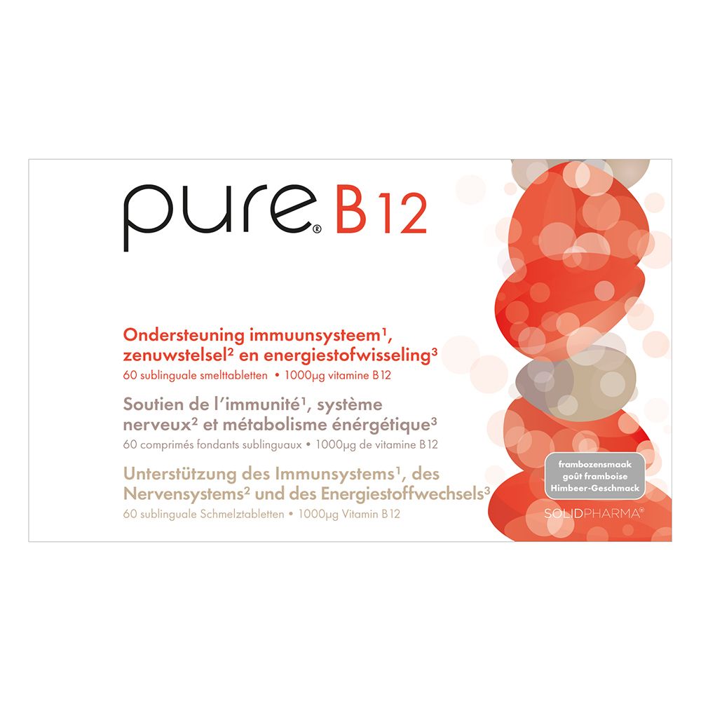 Witte doos met "pure.B12" logo. Tekst in het Duits, Nederlands en Frans. Rode en grijze designelementen.