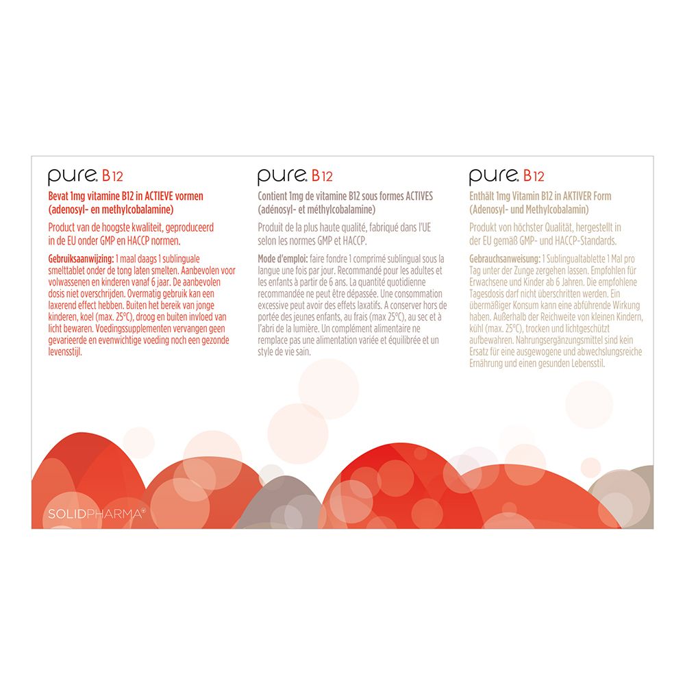Achterkant van de "pure.B12" verpakking. Tekst in het Duits, Nederlands en Frans. Rode en grijze designelementen.