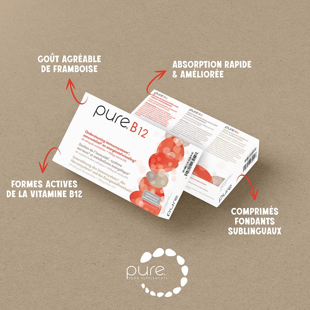 Boîte blanche avec logo "pure.B12". Texte en allemand, néerlandais et français. Éléments de design rouges et gris.