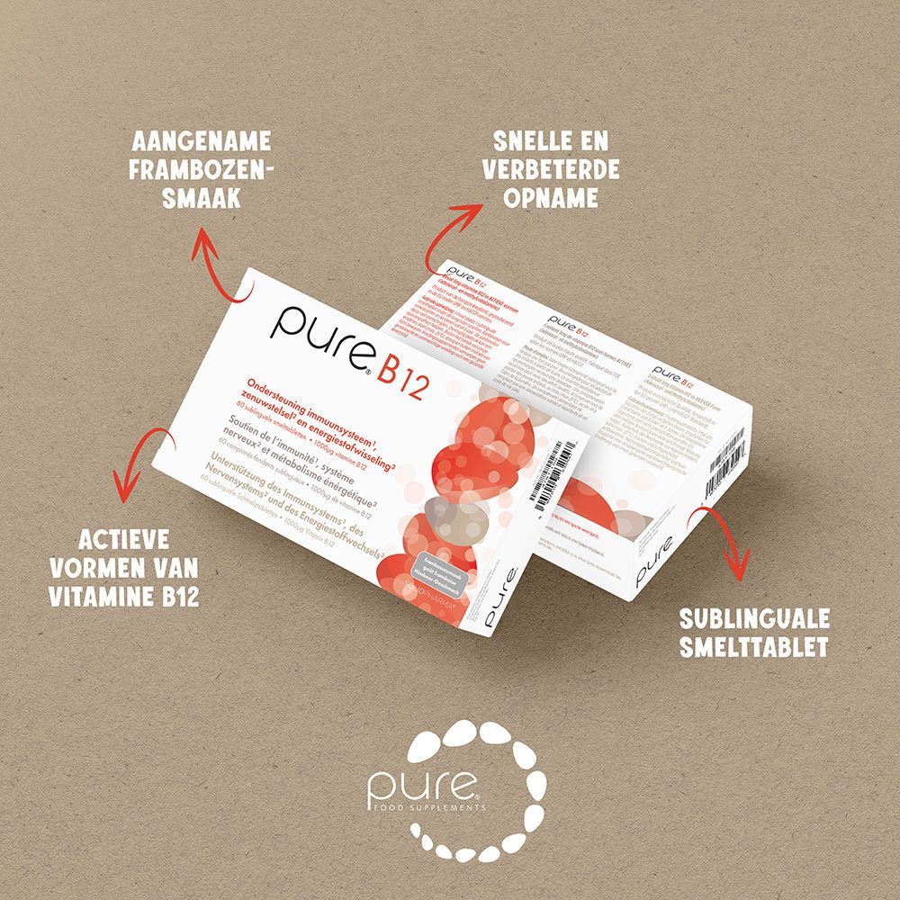 Witte doos met "pure.B12" logo. Tekst in het Duits, Nederlands en Frans. Rode en grijze designelementen.