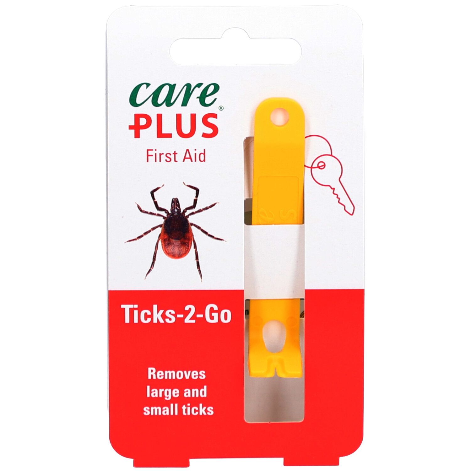 Geel tekentool in rode en witte verpakking. Opschrift: Care Plus First Aid, Ticks-2-Go, teek.