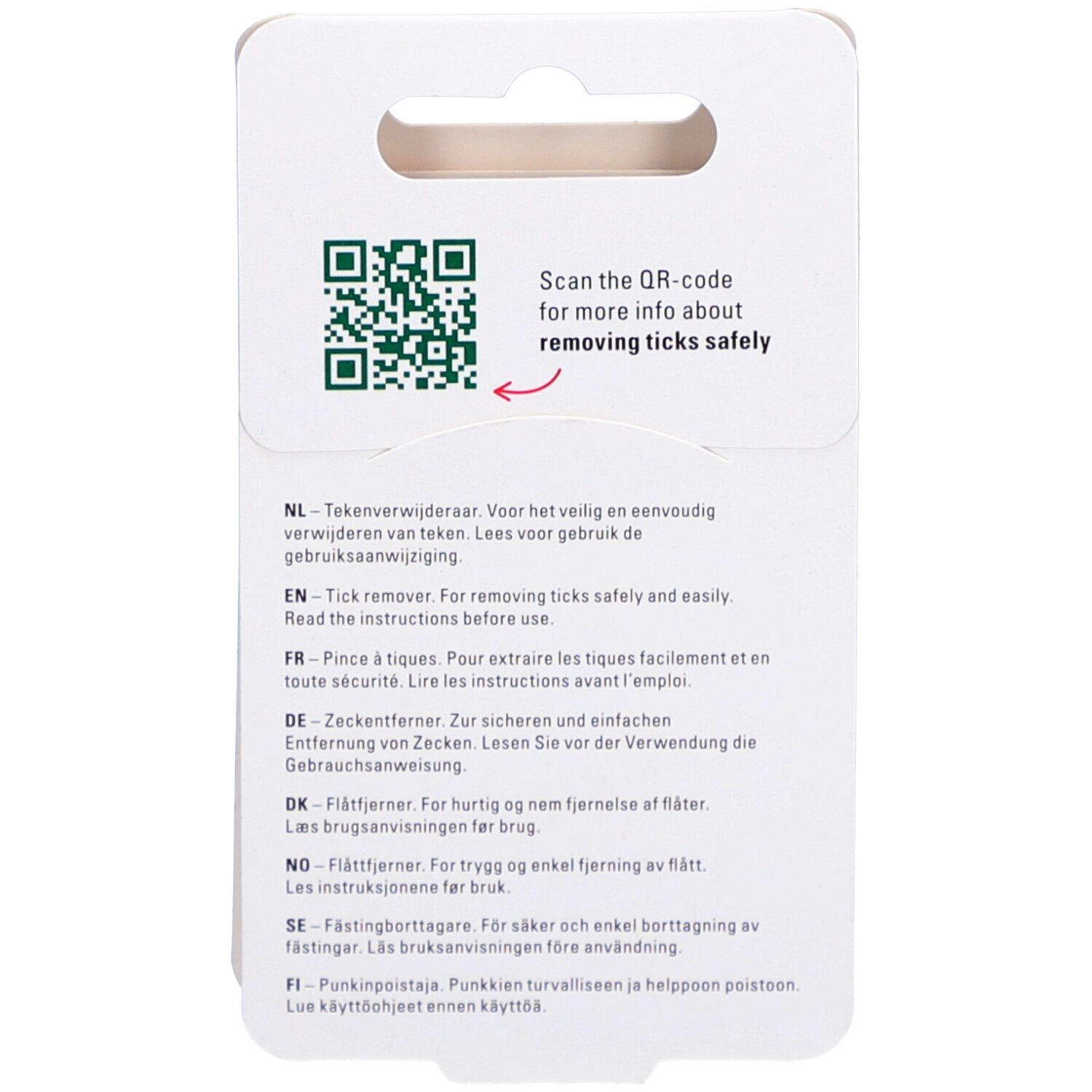 Achterkant van de verpakking met QR-code en tekst in meerdere talen, waaronder Duits, Engels, Frans en Nederlands.