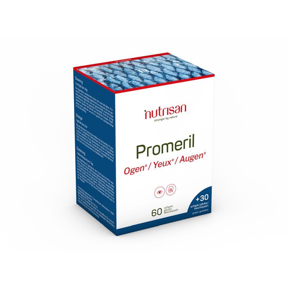 Doos Nutrisan Promeril. Opschrift: Ogen/Yeux/Augen. 60 capsules + 30 gratis.