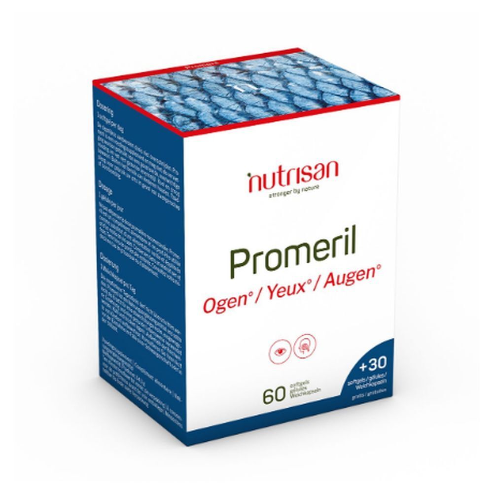 Doos Nutrisan Promeril. Opschrift: Ogen/Yeux/Augen. 60 capsules + 30 gratis. Blauwe en witte verpakking.