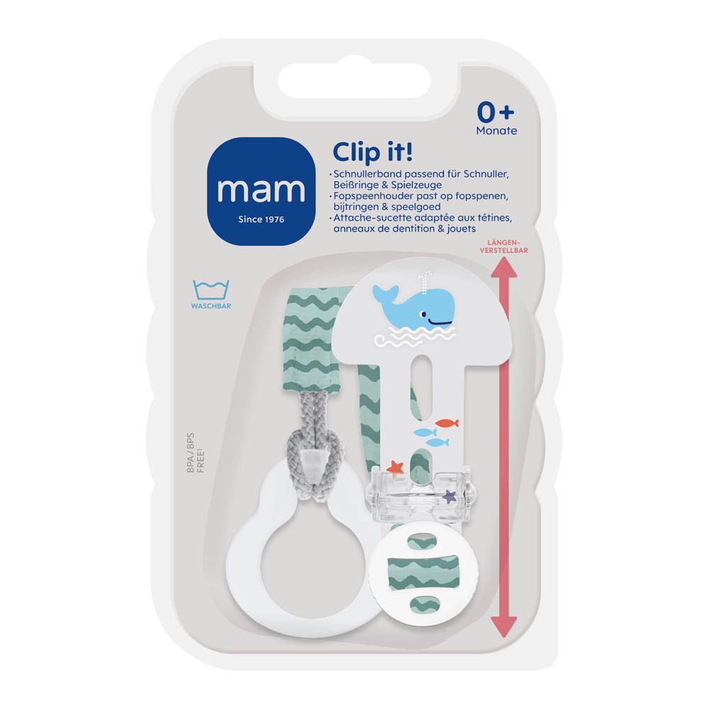 Verpakking MAM Clip it! Fopspeenhouder. Blauw-wit ontwerp met walvis. Geschikt voor 0+ maanden.