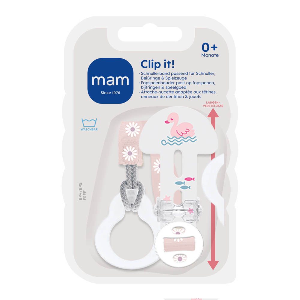 Verpakking MAM Clip it! Fopspeenhouder. Roze-wit ontwerp met flamingo. Geschikt voor 0+ maanden.