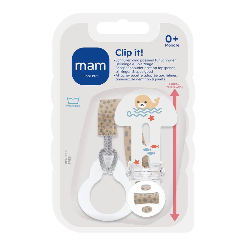 Verpakking MAM Clip it! Fopspeenhouder. Beige-wit ontwerp met zeehond. Geschikt voor 0+ maanden.