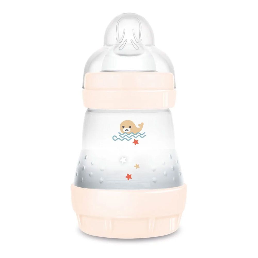 MAM babyfles met beige elementen. Transparant flesgedeelte met maataanduiding en decoratie. Met speen.