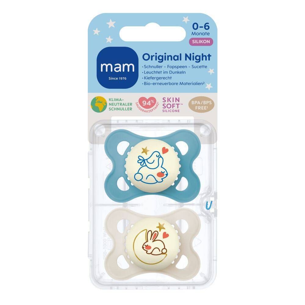 MAM Original Night Silikonschnuller 0-6 Monate, blau/creme